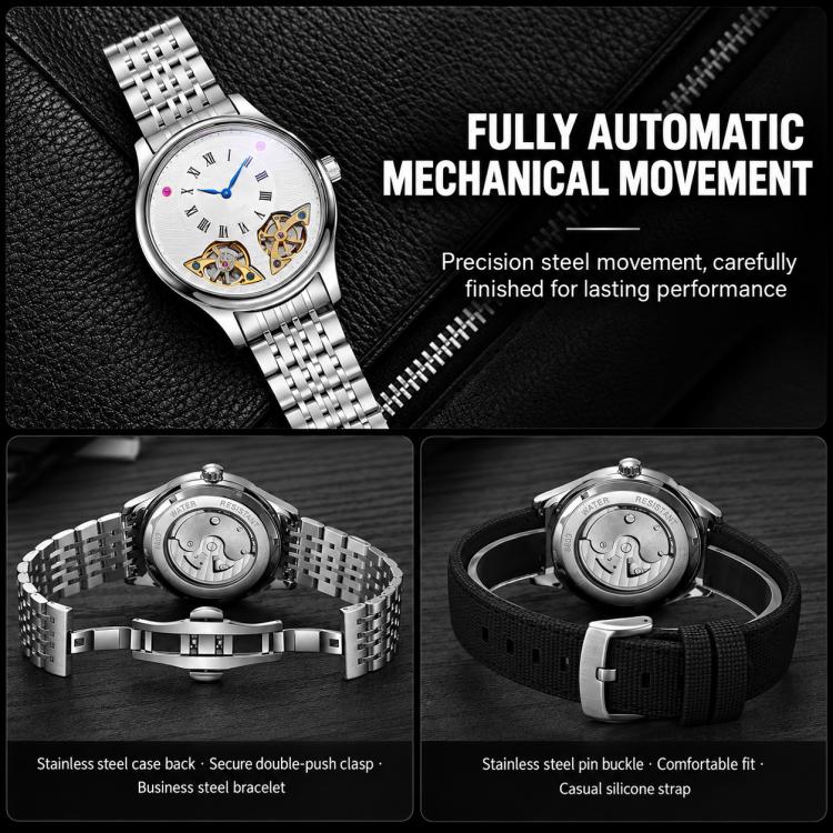 Fully automatic mechanical watch with white dial and stainless steel bracelet, visible gears