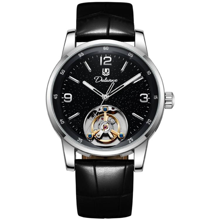 Men's automatic mechanical watch with black leather strap and black dial, open-heart movement