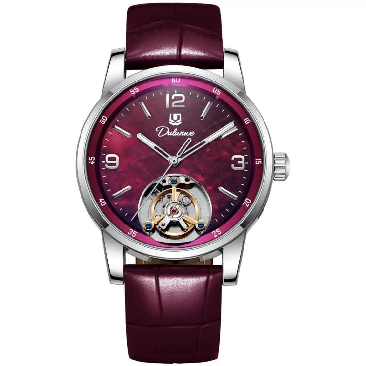 Men's automatic mechanical watch with burgundy leather strap and maroon dial, open-heart movement