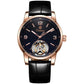 Men's automatic mechanical watch with rose-gold case, black leather strap, black dial, open-heart