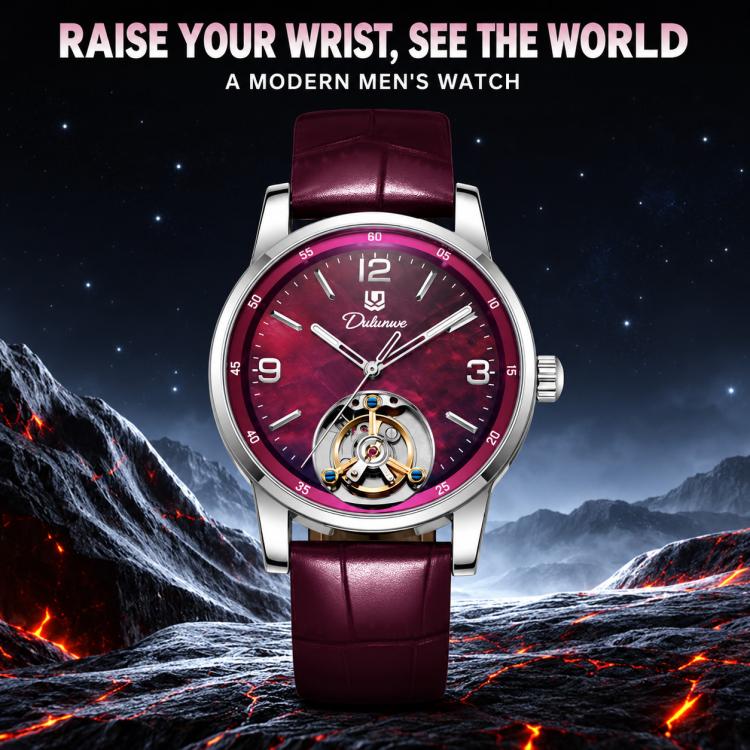 Men's automatic mechanical watch with burgundy leather strap and dark red dial, open-heart movement