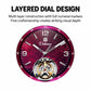 Close-up of maroon dial men's mechanical watch with skeleton open-heart movement and numeral markers