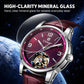 Men's automatic mechanical watch with maroon dial, silver case, brown leather strap