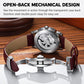 Men's automatic mechanical watch with open back, visible movement, burgundy leather strap