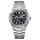 Men's diamond-look nautilus automatic watch, black dial, silver steel bracelet