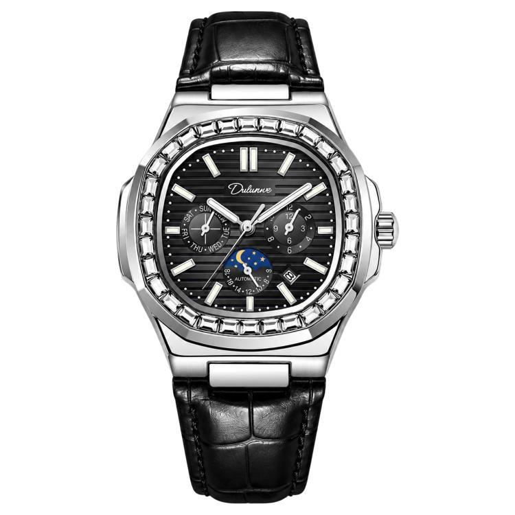 Men's diamond-look nautilus automatic watch, black dial, black leather strap
