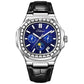 Men's diamond-look nautilus automatic watch, blue dial, black leather strap