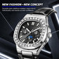 Men's diamond-look nautilus automatic watch, black dial, black leather strap