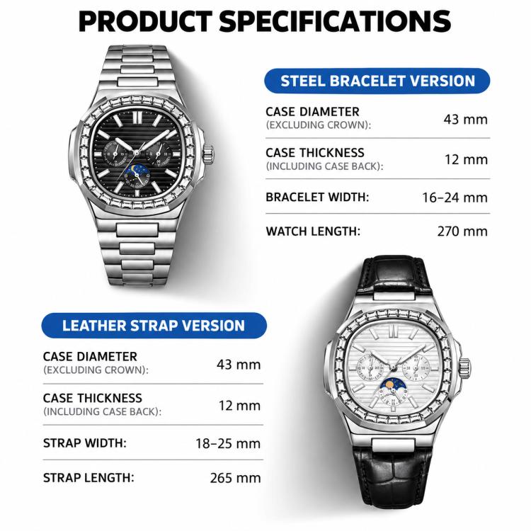 Dulunwe Nautilus automatic watch shown in steel bracelet and leather strap front views