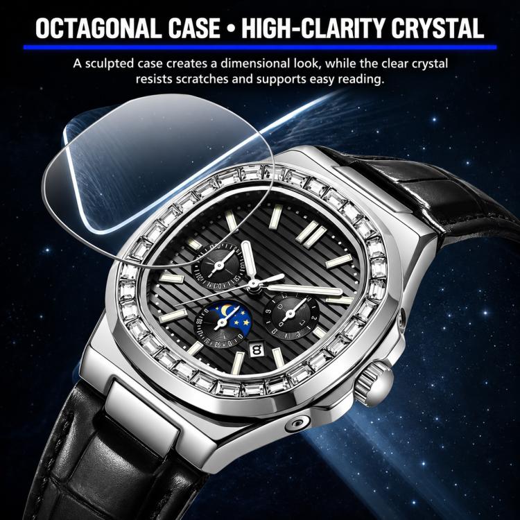 Dulunwe diamond-set Nautilus men's automatic watch with black dial and black leather strap