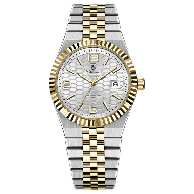 Two-tone stainless steel men’s mechanical watch with white honeycomb dial and gold accents