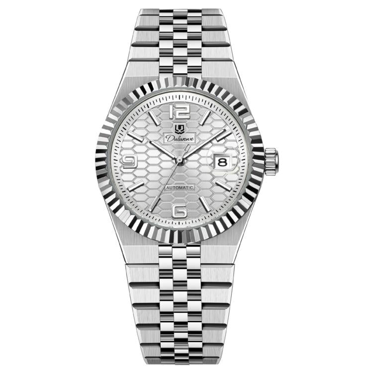 Men’s mechanical watch with silver bracelet and white honeycomb dial, gold hour markers