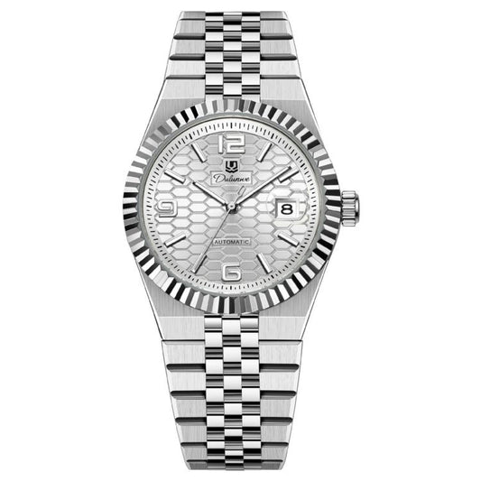 Men’s mechanical watch with silver bracelet and white honeycomb dial, gold hour markers