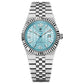 Men’s mechanical watch with light blue honeycomb dial and silver bracelet with two-tone links