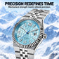 Men’s automatic mechanical watch with light blue honeycomb dial and metal link bracelet