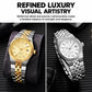 Men's mechanical watch pair shown: gold and silver honeycomb dials on steel bracelets