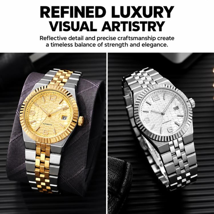 Men's mechanical watch pair shown: gold and silver honeycomb dials on steel bracelets