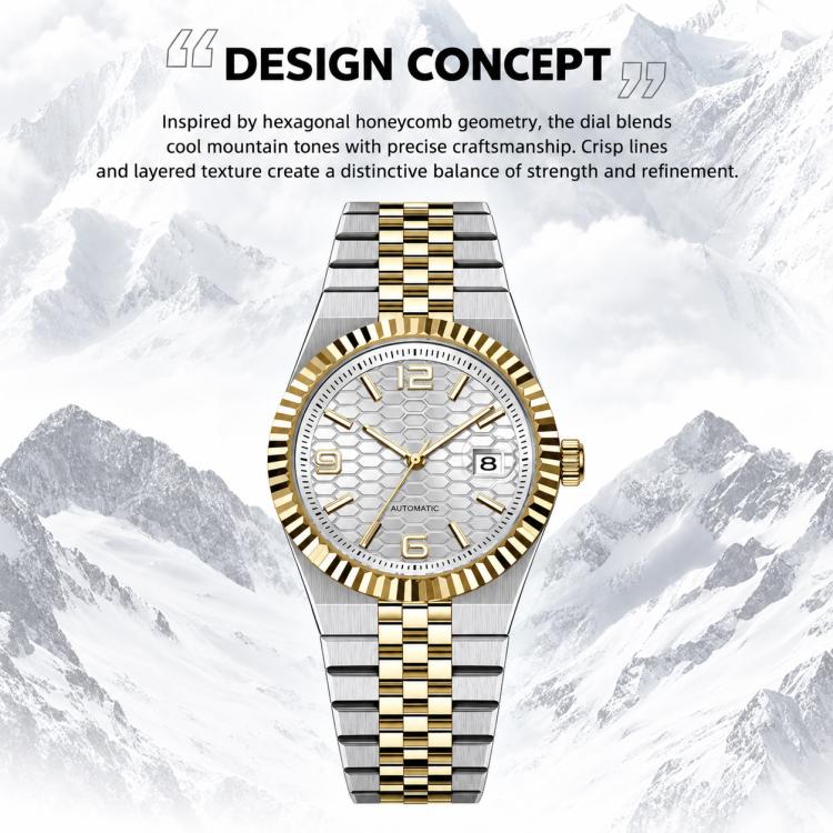 Men’s mechanical watch with gold bezel and white honeycomb dial on metal link bracelet