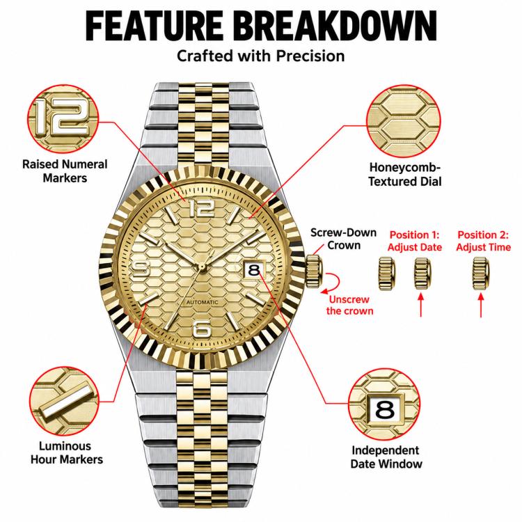 Men’s automatic mechanical watch front view with honeycomb dial and two-tone link bracelet
