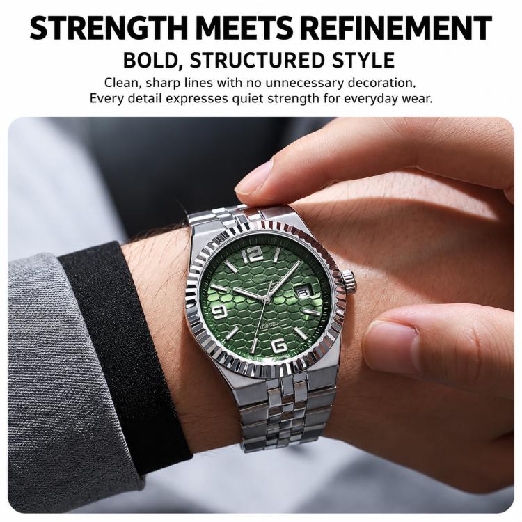 Men's automatic mechanical watch with green honeycomb dial and steel bracelet