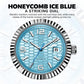 Men's automatic mechanical watch with blue honeycomb dial, silver bezel, steel bracelet