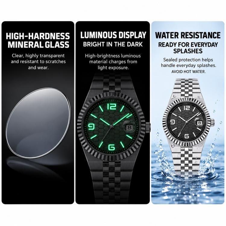 Men's automatic mechanical watch with dark honeycomb dial, green luminous hands, steel bracelet