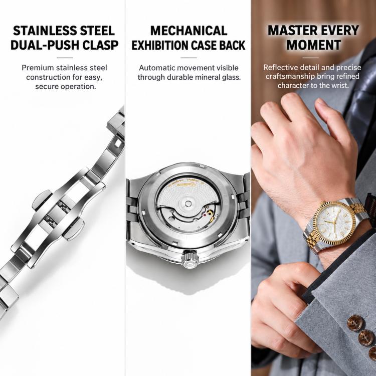 Men's mechanical watch with exhibition caseback and gold-tone dial on metal bracelet