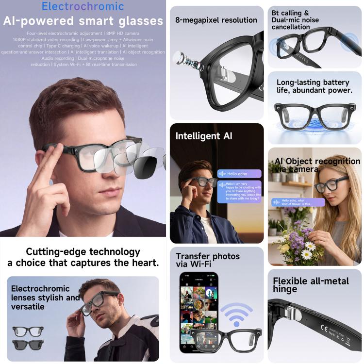 W711 Smart AI Glasses with 8MP HD Camera, BT Call, AI Voice Assistant, AI Translation, Electrochromic Lenses