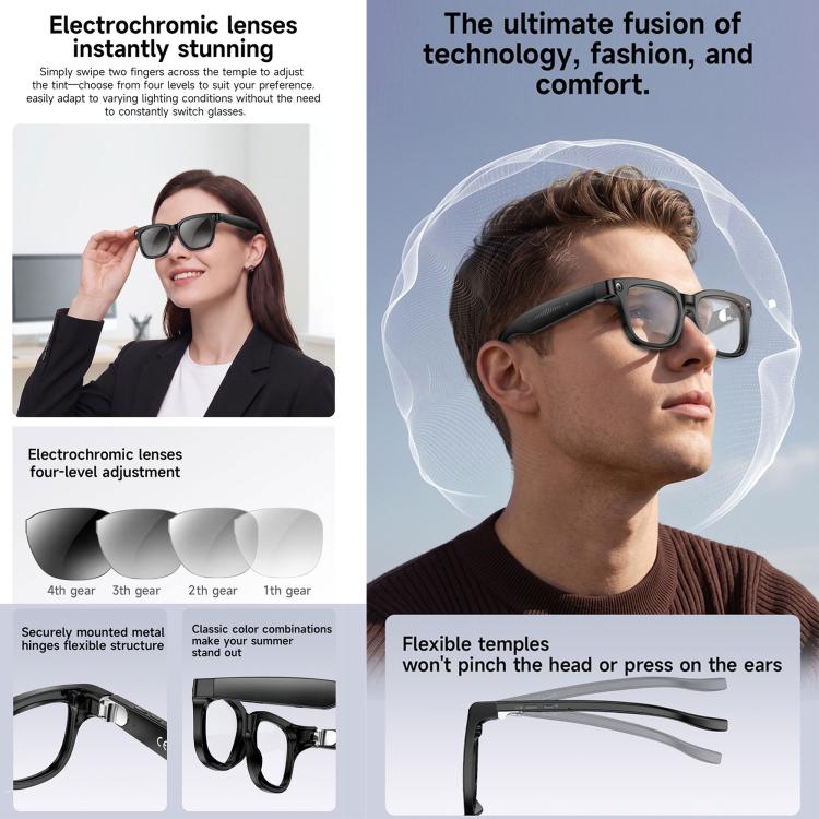 W711 Smart AI Glasses with 8MP HD Camera, BT Call, AI Voice Assistant, AI Translation, Electrochromic Lenses
