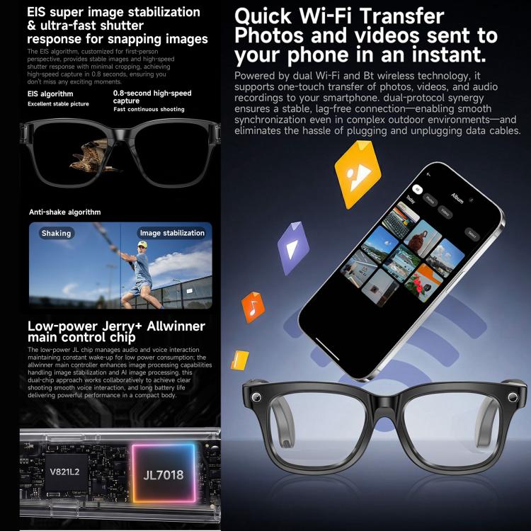 W711 Smart AI Glasses with 8MP HD Camera, BT Call, AI Voice Assistant, AI Translation, Electrochromic Lenses