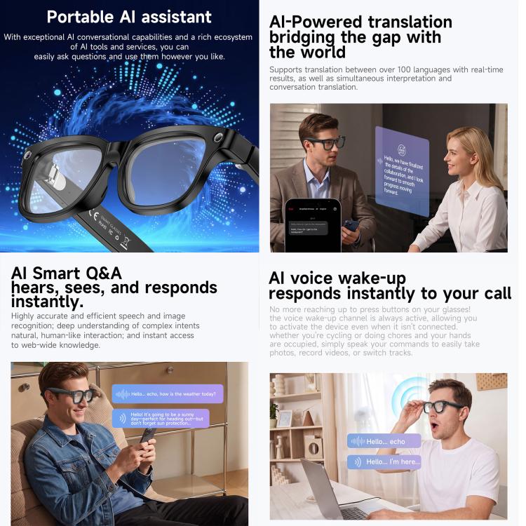 W711 Smart AI Glasses with 8MP HD Camera, BT Call, AI Voice Assistant, AI Translation, Electrochromic Lenses