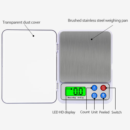 MH-555 6Kg x 0.1g High Accuracy Digital Electronic Portable Kitchen Scale Balance Device with 2.2 inch LCD Screen, 6000g/0.1g