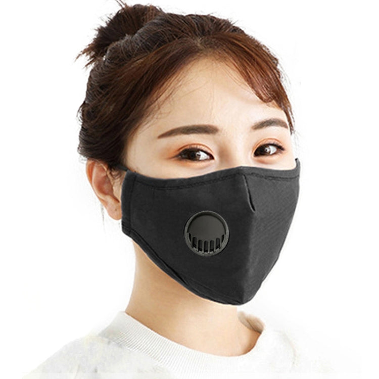 Washable black face mask with round breath valve and adjustable side straps