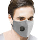 Washable gray face mask with round breath valve and side seam stitching