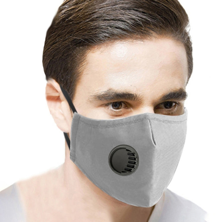Washable gray face mask with round breath valve and side seam stitching
