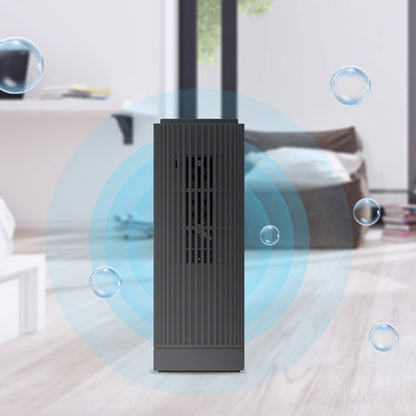Portable air purifier, dark gray vertical tower with vented grille for home or car.