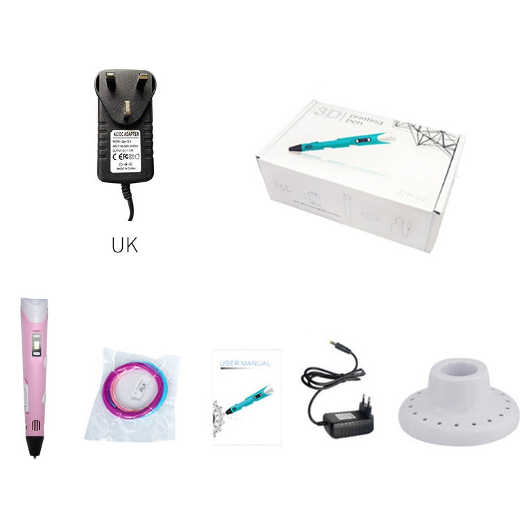 Hand-held 3D printing pen with UK plug kit: adapter, cables, box, pen