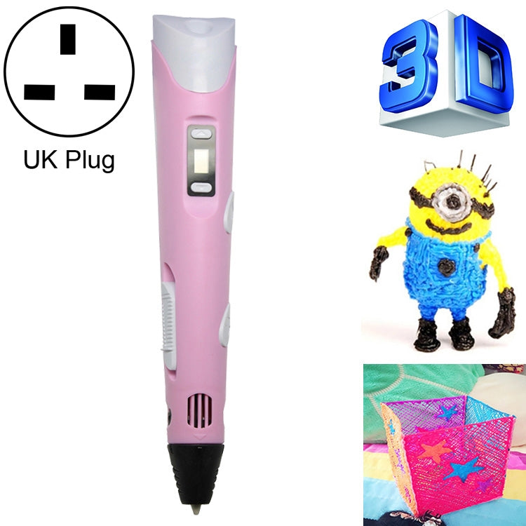 Hand-held 3D printing pen with UK plug, pink body and black tip