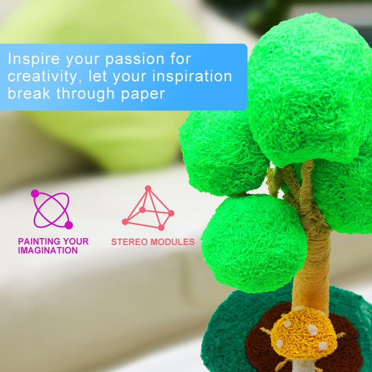 Hand-held 3D printing pen, green 3D-printed tree model on white surface