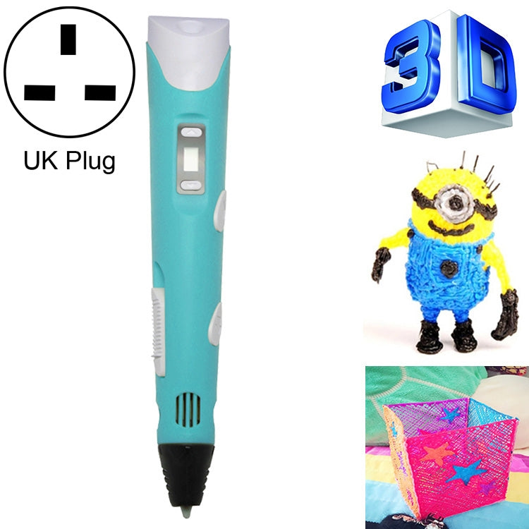 Turquoise hand-held 3D printing pen with UK plug, display window and nozzle