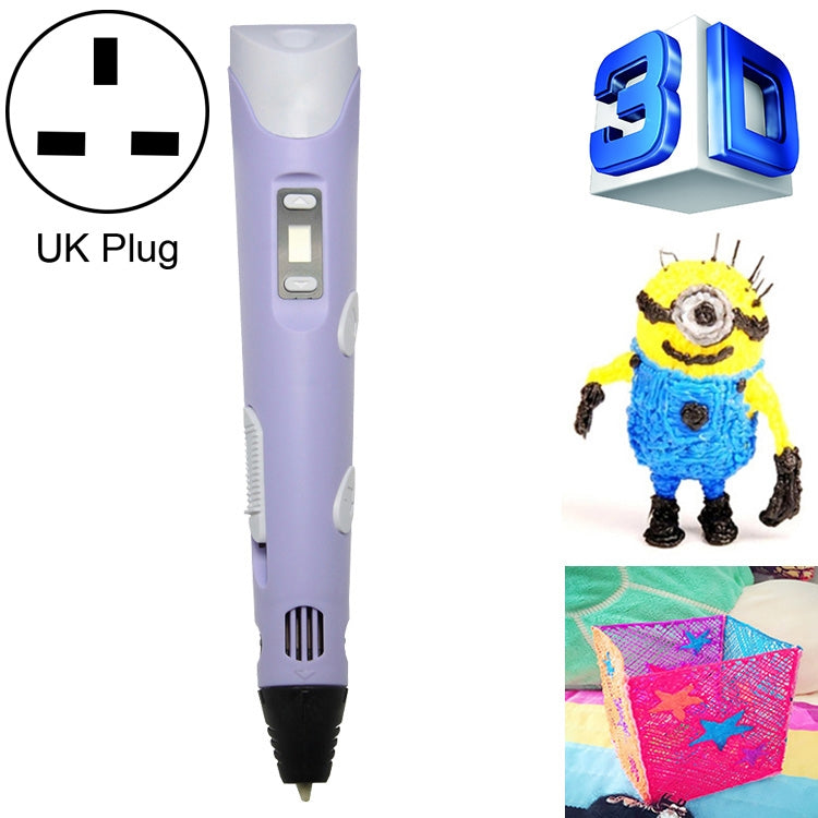 Lavender hand-held 3D printing pen with UK plug, front buttons and nozzle