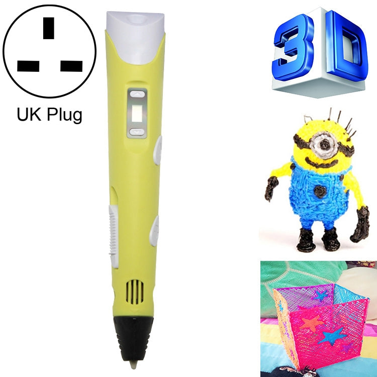 Yellow hand-held 3D printing pen with UK plug, display window and tip