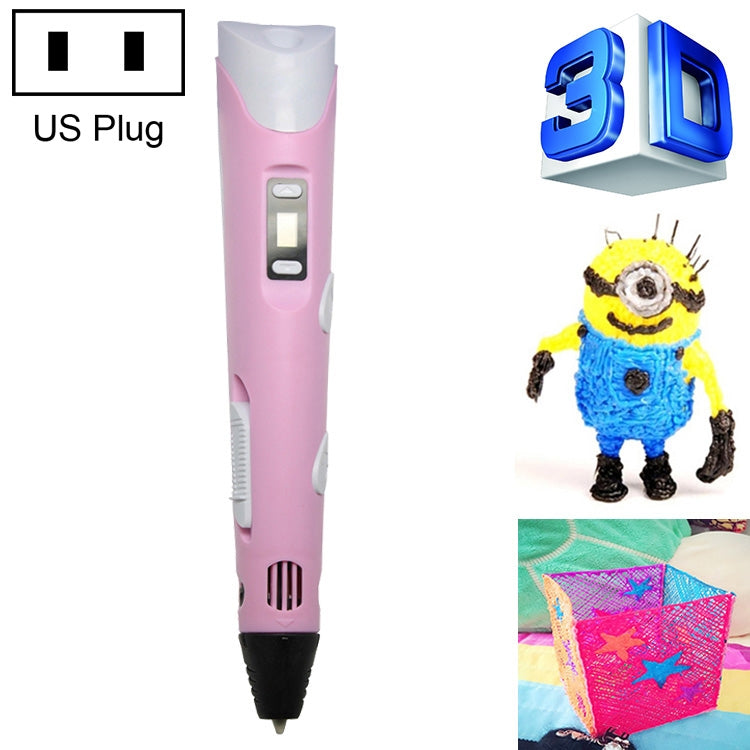 Handheld 3D printing pen with pink body and black nozzle, side LED buttons