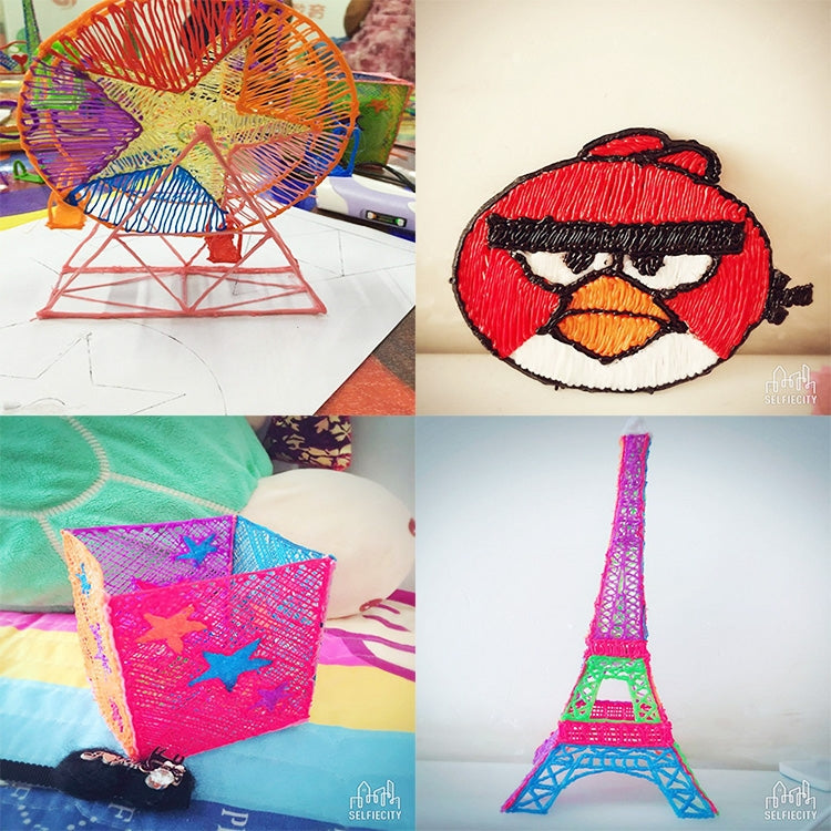 Hand-held 3D printing pen craft samples with 3D shapes and needlework designs