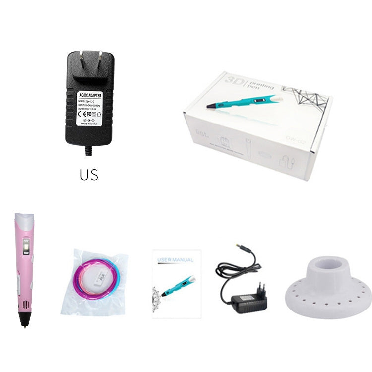Handheld 3D printing pen kit with pink pen, power adapter, manual and filament reels
