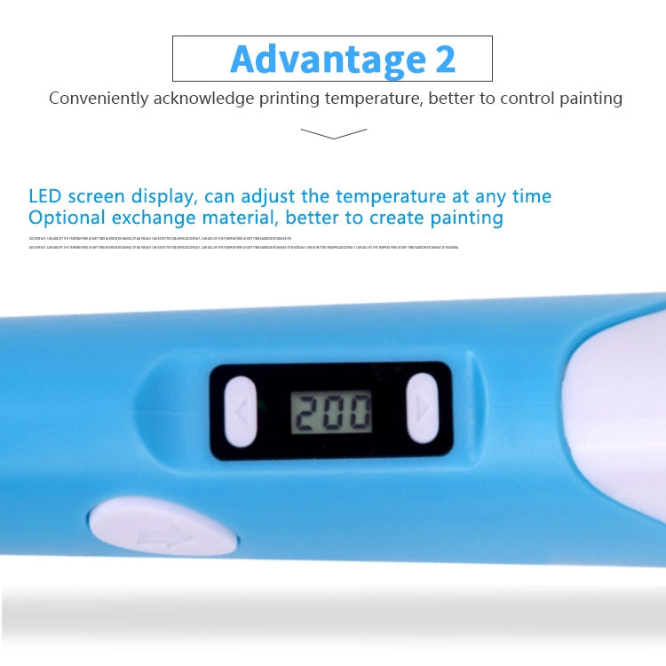 Blue handheld 3D printing pen with LED temperature display and control buttons
