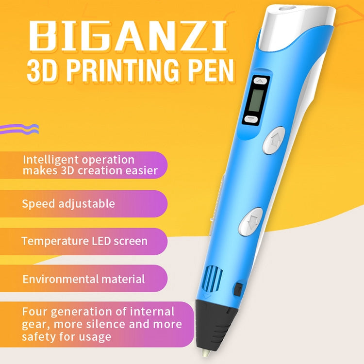 Blue handheld 3D printing pen with control window and black heat nozzle tip
