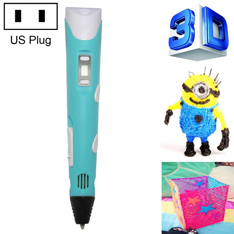 Hand-held 3D printing pen, turquoise-blue with US plug and finger grip controls