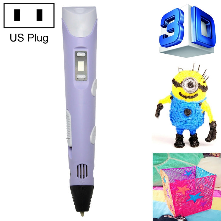 Hand-held 3D printing pen, purple with US plug and indicator buttons on handle