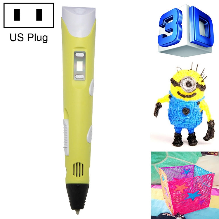 Hand-held 3D printing pen, yellow-green with US plug and button display on handle